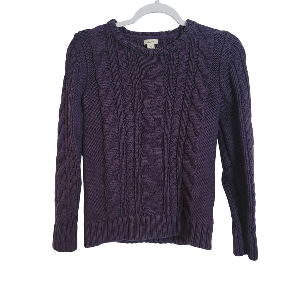 LLBean Women XS Cable Knit Cotton Sweater Purple Long Sleeve Crew Neck Fisherman